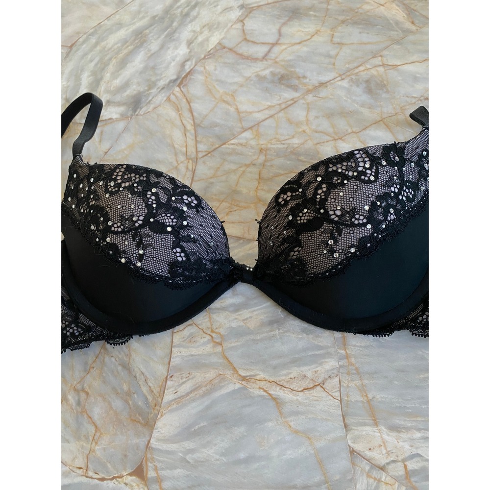 Victoria's Secret Padded Demi Bra Black Lace Rhinestone 32B Floral Scallop Trim - Picture 11 of 14